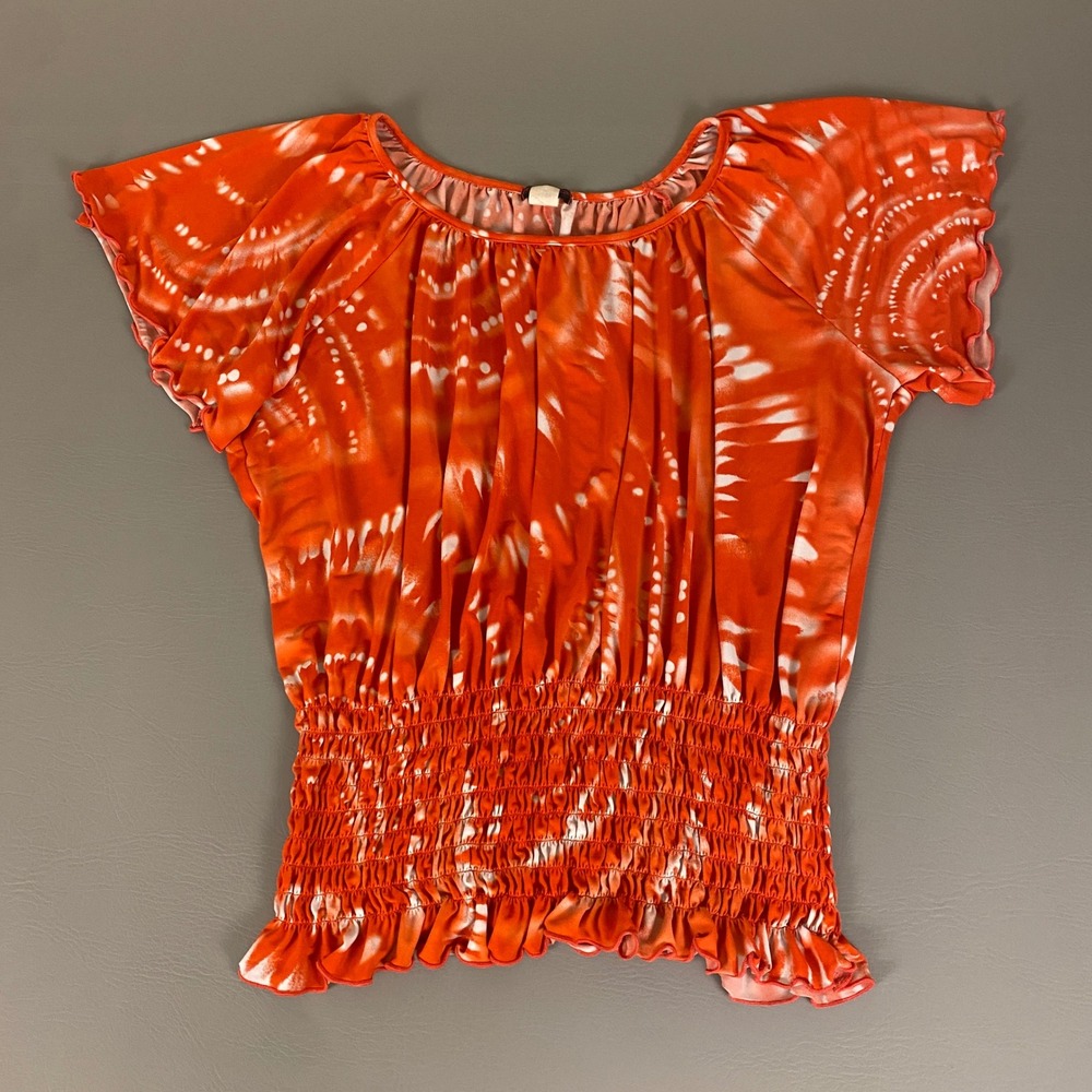 Cocomo Woman Smocked Blouse Tie Dye‎ Top 2X Orange Ruffle Short Cap Sleeves